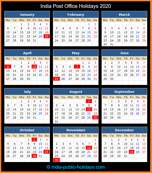 India Post Office Holiday Calendar 2020